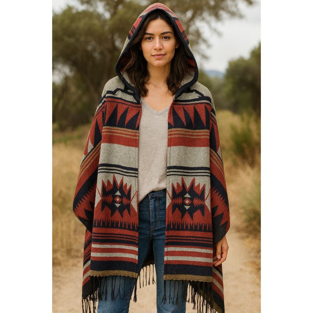 APT 9 Southwestern Fringe Trim Hooded Poncho Wrap one size tribal boho Aztec